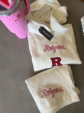 Hype and Vice White Rutgers Ribbed Hoodie with Embroidered Script